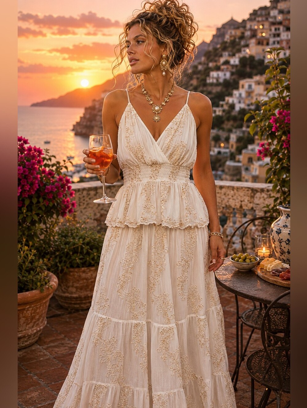 POL Lace-Embroidered Maxi Dress with Smocked Waist In Cream
